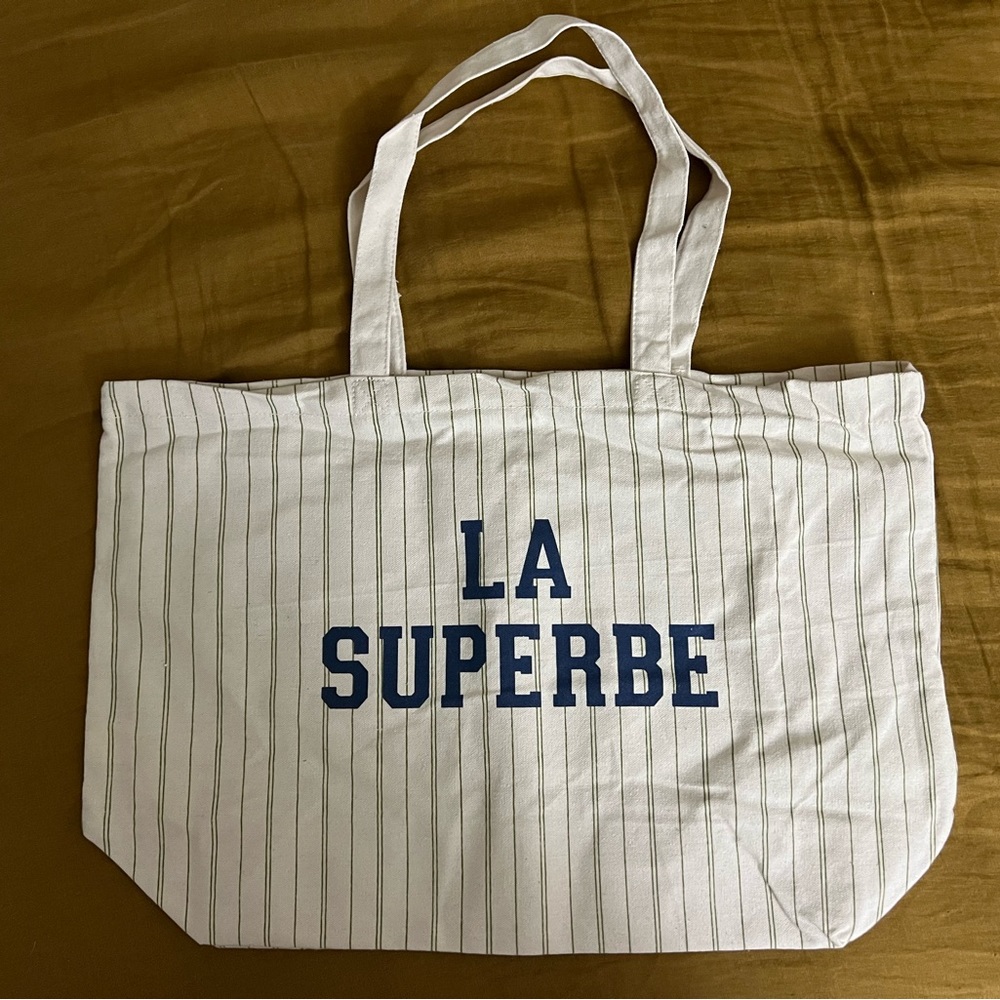 Sézane “La Suberbe” tote with green pin stripes